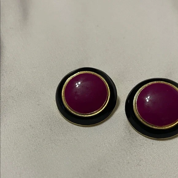 Round Purple Stud Earrings with Gold and Black Rim - Picture 5 of 8